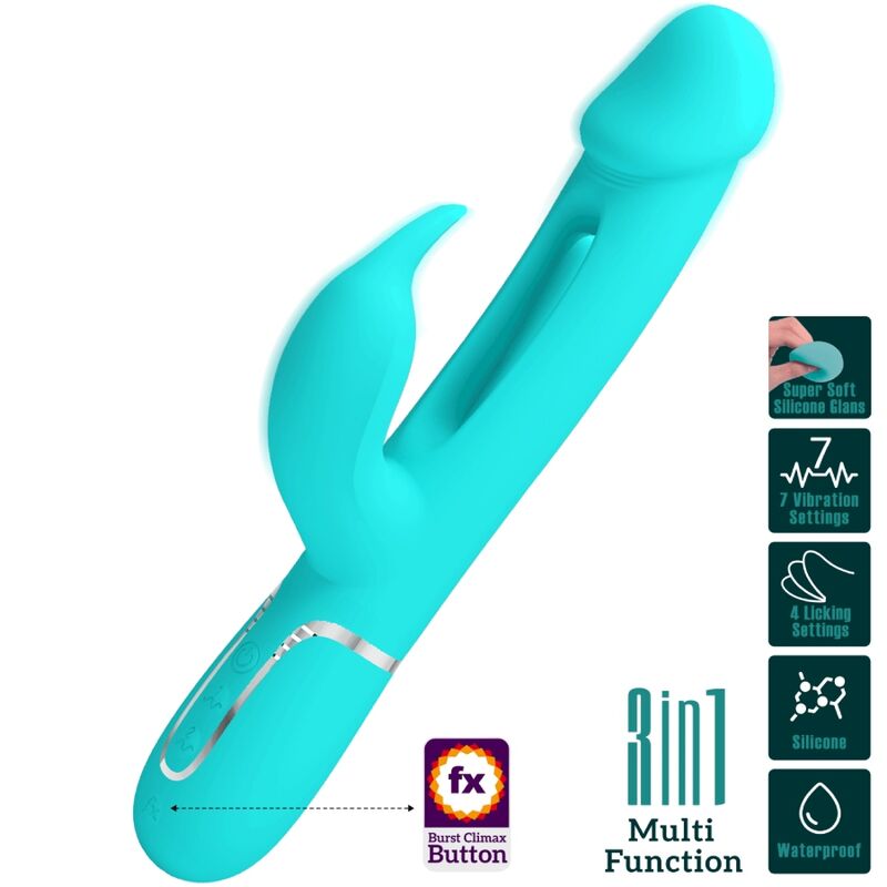 PRETTY LOVE KAMPAS RABBIT 3 IN 1 MULTIFUNCTION VIBRATOR WITH TONGUE AQUA GREEN