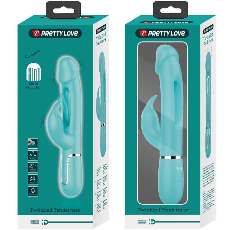 PRETTY LOVE KAMPAS RABBIT 3 IN 1 MULTIFUNCTION VIBRATOR WITH TONGUE AQUA GREEN