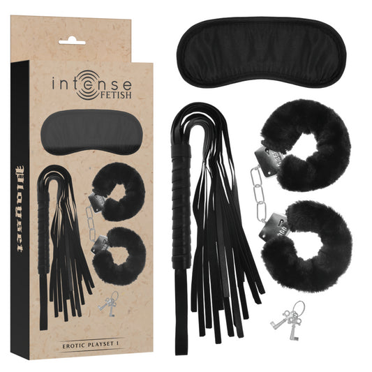 INTENSE FETISH EROTIC PLAYSET 1 WITH HANDCUFFS BLIND MASK AND FLOGGER