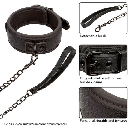 CALEXOTICS NOCTURNAL COLLAR LEASH LEATHER ADJUSTABLE BLACK