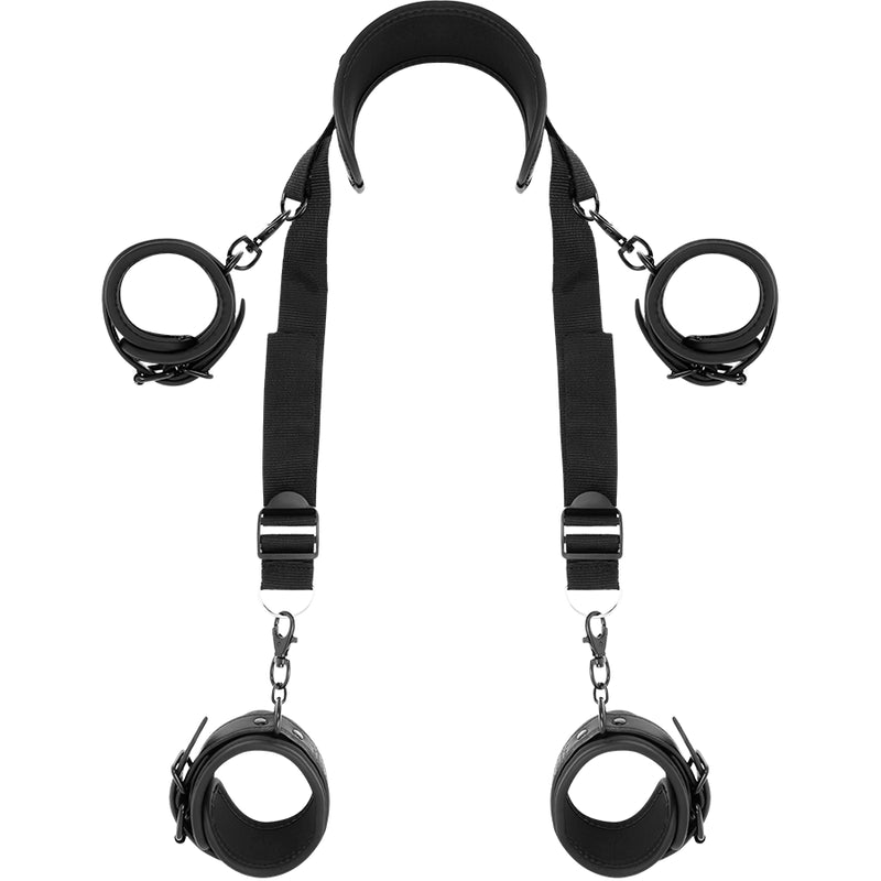 FETISH SUBMISSIVE MASTER POSITION WITH 4 NOPRENE LINED HANDCUFFS