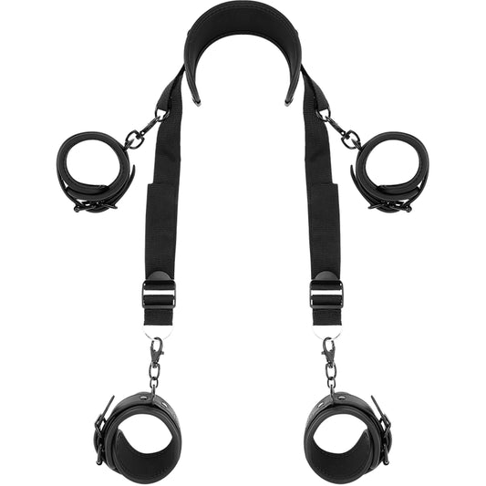 FETISH SUBMISSIVE MASTER POSITION WITH 4 NOPRENE LINED HANDCUFFS