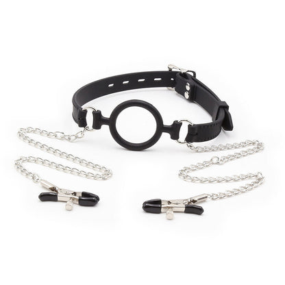 OHMAMA FETISH RING GAG WITH CHAINS AND NIPPLE CLAMPS