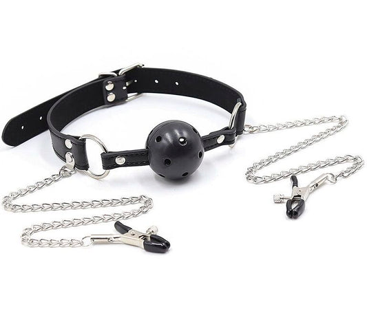 OHMAMA FETISH BALL GAG WITH VENTS AND NIPPLE CLAMPS