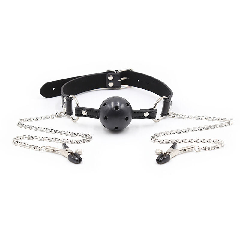 OHMAMA FETISH BALL GAG WITH VENTS AND NIPPLE CLAMPS