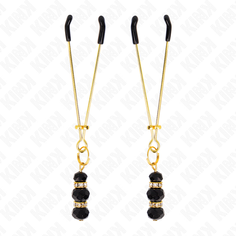 KINK GOLD THIN NIPPLE CLAMPS WITH 3 BLACK GLASS BEADS 7 CM