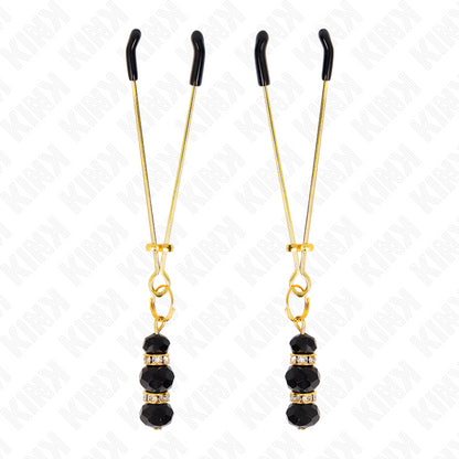 KINK GOLD THIN NIPPLE CLAMPS WITH 3 BLACK GLASS BEADS 7 CM