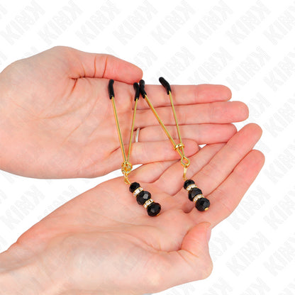 KINK GOLD THIN NIPPLE CLAMPS WITH 3 BLACK GLASS BEADS 7 CM