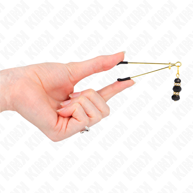 KINK GOLD THIN NIPPLE CLAMPS WITH 3 BLACK GLASS BEADS 7 CM