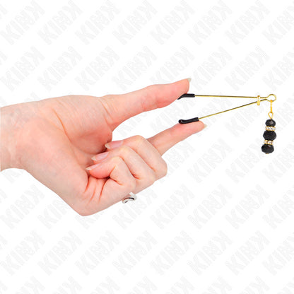 KINK GOLD THIN NIPPLE CLAMPS WITH 3 BLACK GLASS BEADS 7 CM