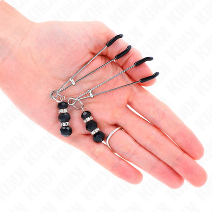 KINK GOLD THIN NIPPLE CLAMPS WITH 3 BLACK GLASS BEADS 7 CM