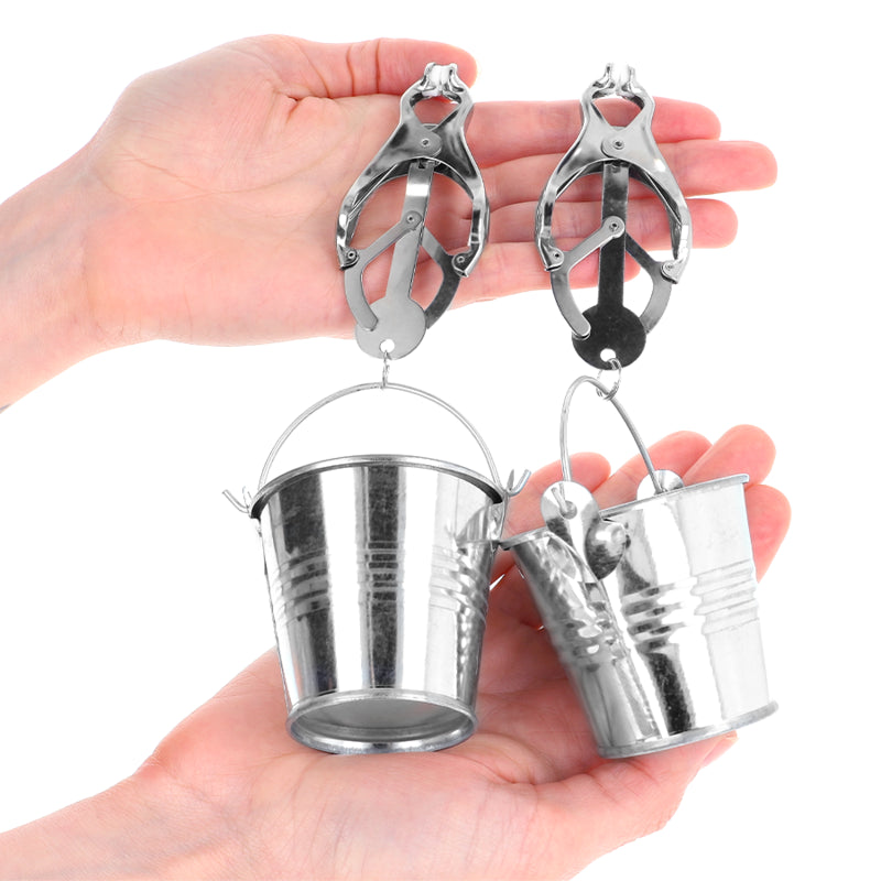 KINK JAPANESE CLOVER NIPPLE CLAMPS WITH BUCKETS SILVER