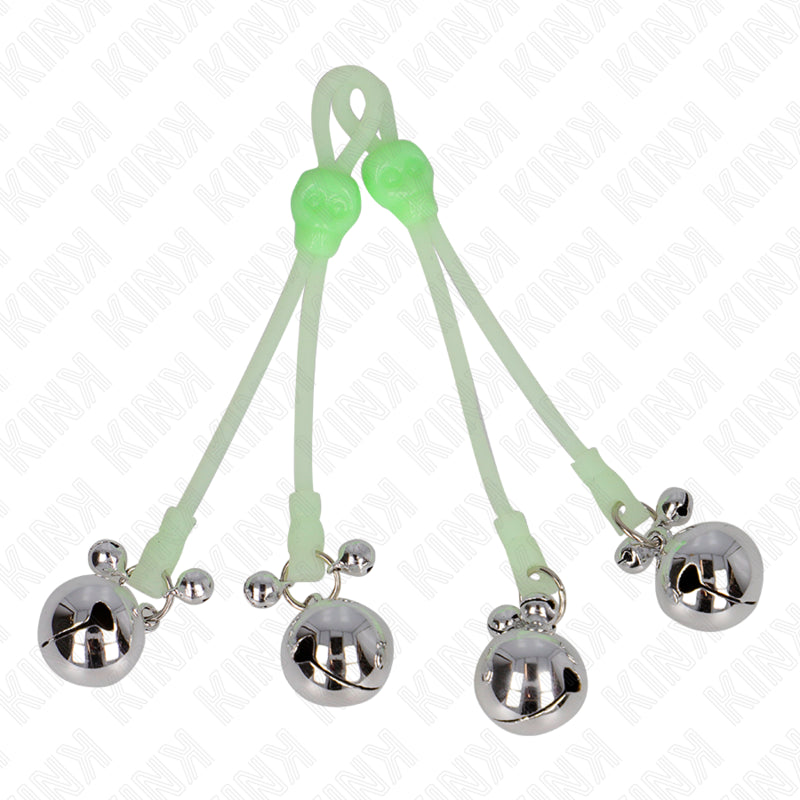 KINK LUMINOUS SKULL NIPPLE CLAMPS WITH RING BELLS ADJUSTABLE GREEN SILVER