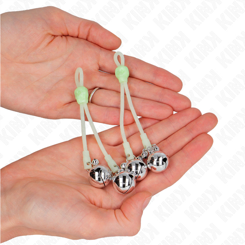 KINK LUMINOUS SKULL NIPPLE CLAMPS WITH RING BELLS ADJUSTABLE GREEN SILVER