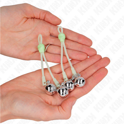 KINK LUMINOUS SKULL NIPPLE CLAMPS WITH RING BELLS ADJUSTABLE GREEN SILVER