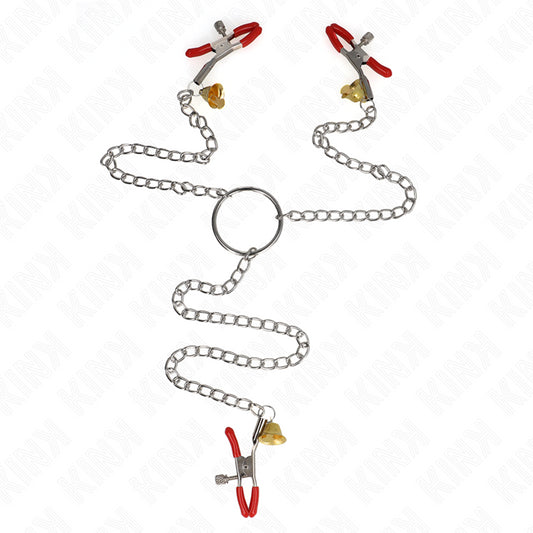 KINK BELL TRIPLE NIPPLE AND CLIT CLAMPS RED WITH CHAIN 30 CM