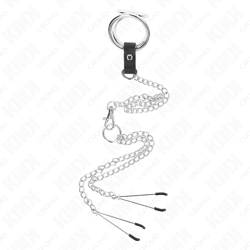 KINK TRIPLE CHROME METAL PENIS RING 3 CM TO 45 CM WITH 26 CM METAL CHAIN AND NIPPLE CLIPS