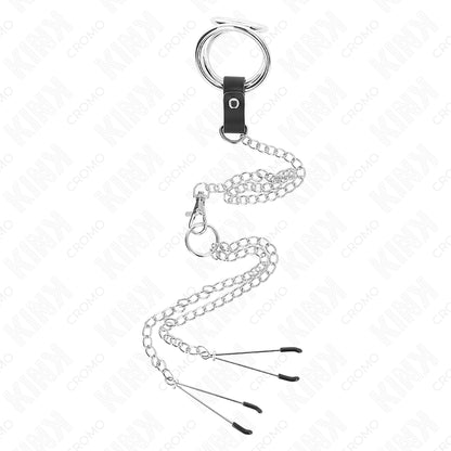 KINK TRIPLE CHROME METAL PENIS RING 3 CM TO 45 CM WITH 26 CM METAL CHAIN AND NIPPLE CLIPS