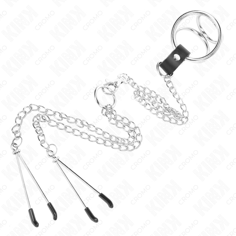 KINK TRIPLE CHROME METAL PENIS RING 3 CM TO 45 CM WITH 26 CM METAL CHAIN AND NIPPLE CLIPS