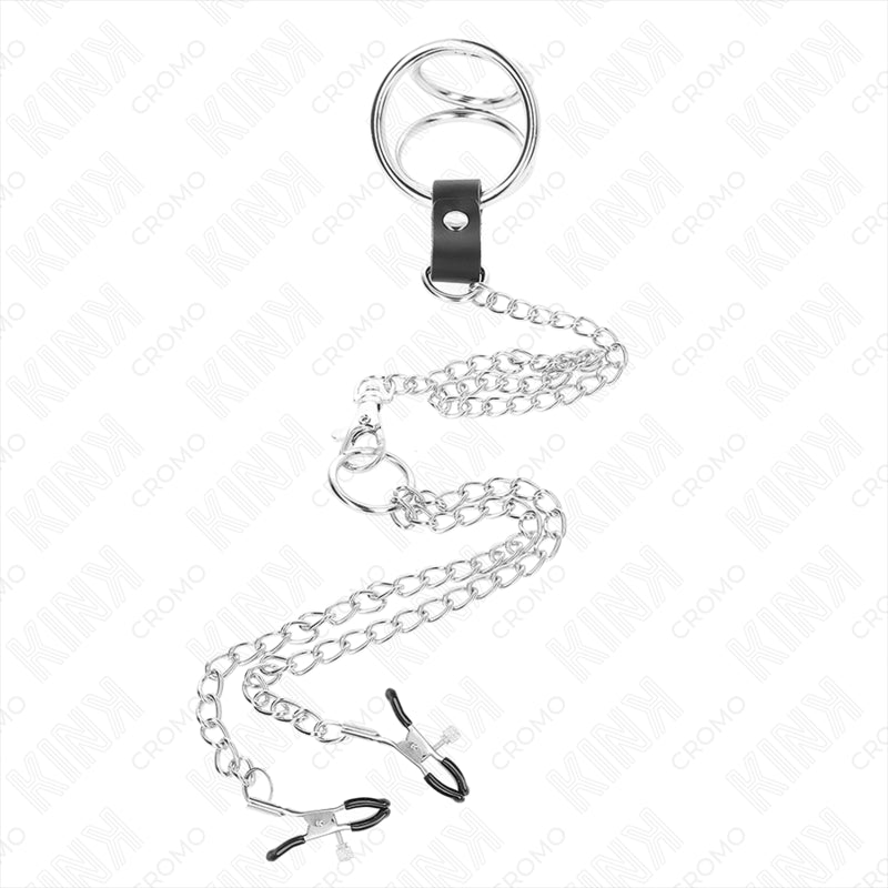 KINK TRIPLE CHROME METAL PENIS RING 38 CM TO 5 CM WITH 26 CM METAL CHAIN AND NIPPLE CLAMPS MODEL 1