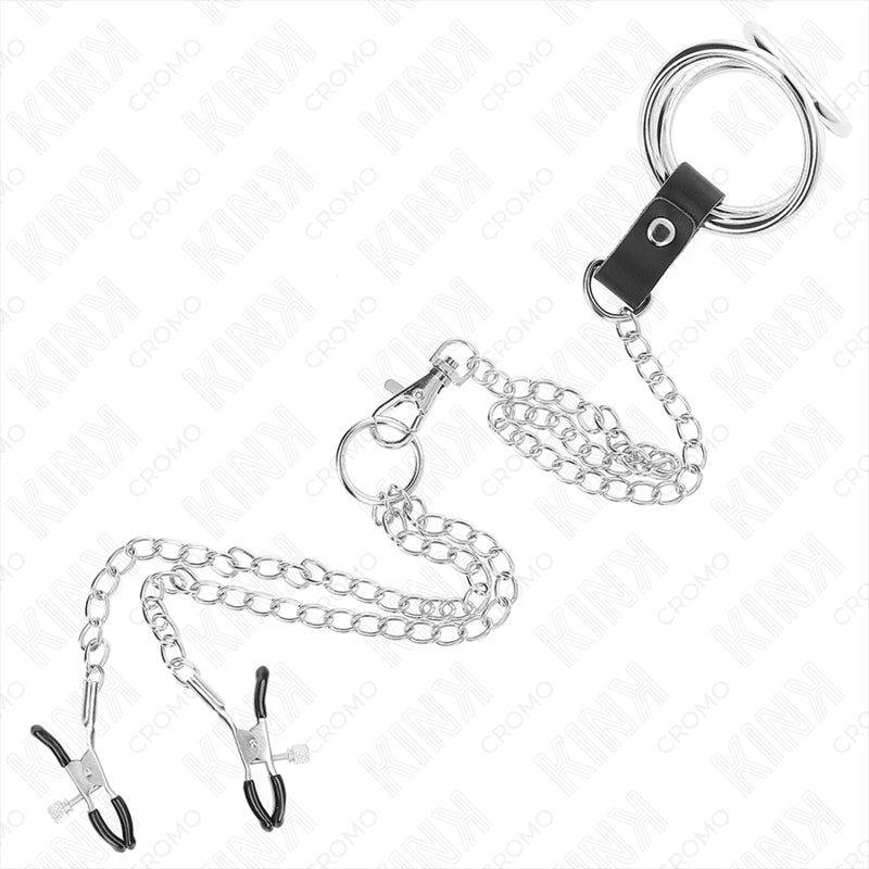 KINK TRIPLE CHROME METAL PENIS RING 3 CM TO 45 CM WITH 26 CM METAL CHAIN AND NIPPLE CLIPS