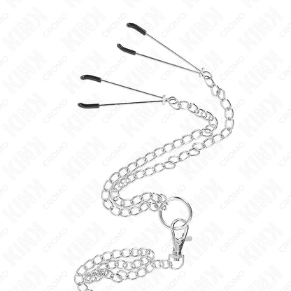 KINK TRIPLE CHROME METAL PENIS RING 38 CM TO 5 CM WITH 26 CM METAL CHAIN AND NIPPLE CLAMPS MODEL 2