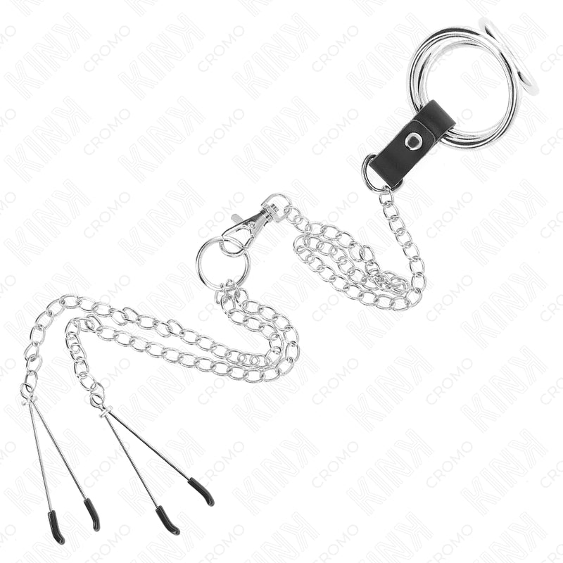 KINK TRIPLE CHROME METAL PENIS RING 38 CM TO 5 CM WITH 26 CM METAL CHAIN AND NIPPLE CLAMPS MODEL 2