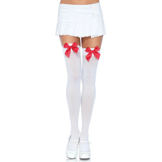 LEG AVENUE NYLON THIGH HIGHS WITH BOW WHITE RED