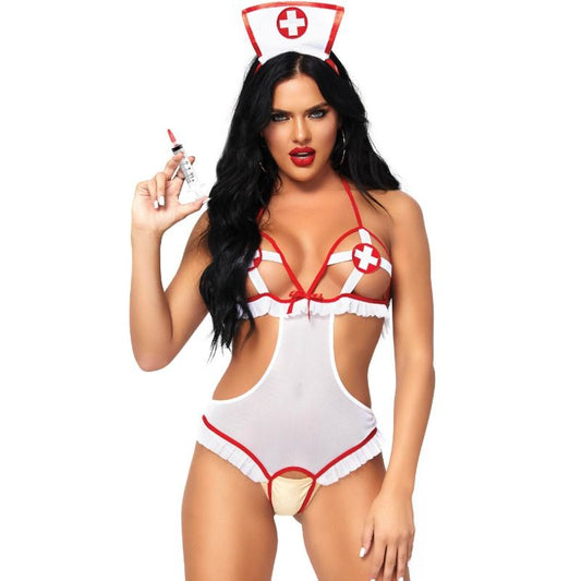 LEG AVENUE NURSE OPEN CROTHLESS TEDDY ONE SIZE