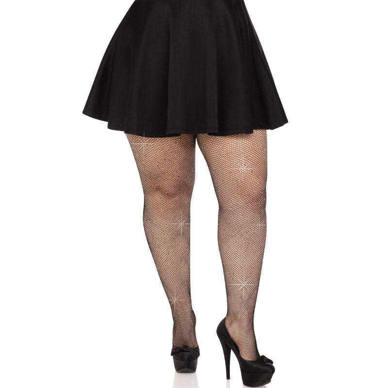 LEG AVENUE CRYSTALIZED MESH STOCKINGS BLACK PLUS SIZE