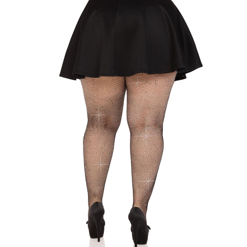 LEG AVENUE CRYSTALIZED MESH STOCKINGS BLACK PLUS SIZE