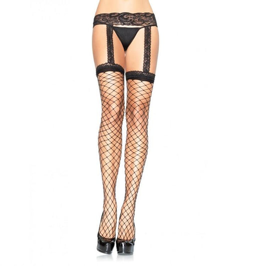 LEG AVENUE FISHNET STOCKINGS WITH BLACK LACE GARTER GARTER