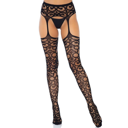 LEG AVENUE SCROLL LACE GARTER BELT STOCKINGS ONE SIZE