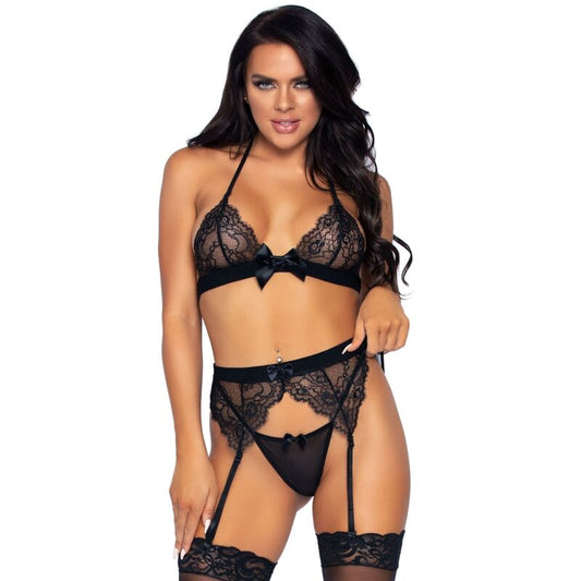 LEG AVENUE THREE PIECES SET TOP GARTER BELT AND G STRING L