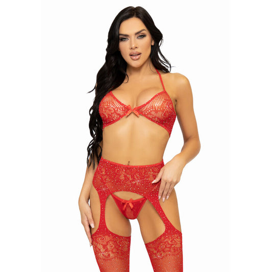 LEG AVENUE THREE PIECES SET BRA STRING AND STOCKING ONE SIZE RED