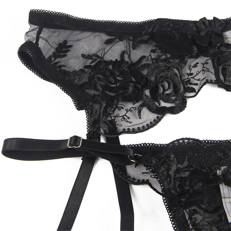 SUBBLIME SET OF 3 PIECES BRA THONG GARTER FLORAL PRINT BLACK S M