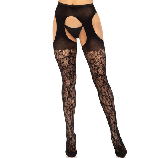 LEG AVENUE LACE GARTER STOCKINGS BLACK