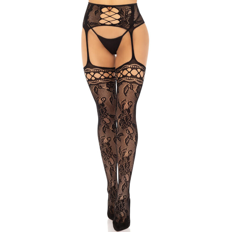 LEG AVENUE FLORAL LACE GARTER STOCKINGS BLACK