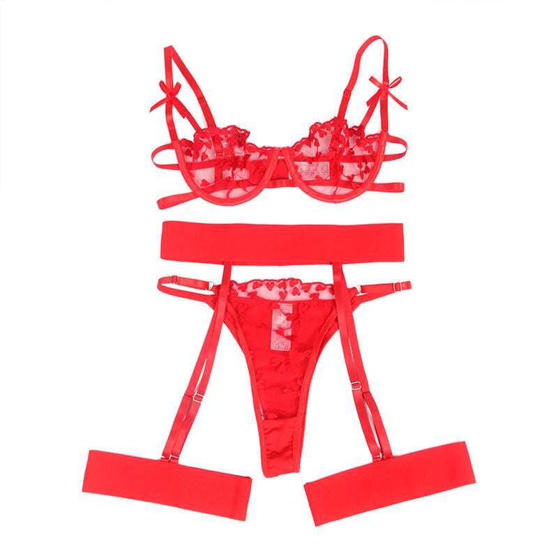 SUBBLIME 954321 HEART PRINT BRA THONG GARTER BELT RED S M