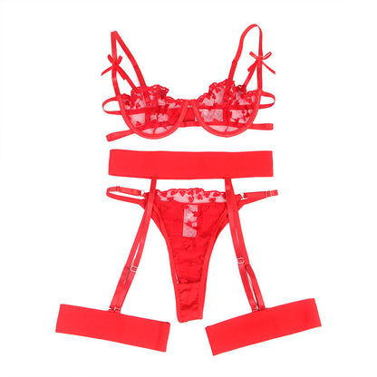 SUBBLIME 954321 HEART PRINT BRA THONG GARTER BELT RED S M