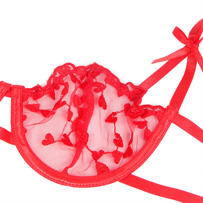 SUBBLIME 954321 HEART PRINT BRA THONG GARTER BELT RED S M