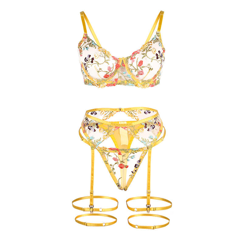 SUBBLIME 954345 BRA THONG GARTER BELT FLORAL DESIGN YELLOW S M