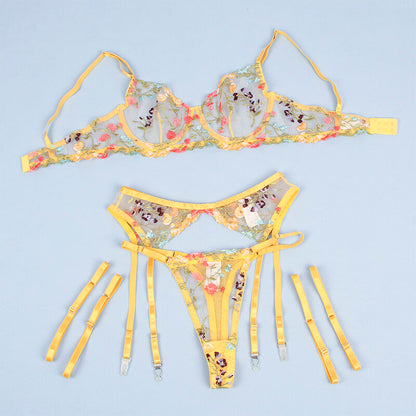 SUBBLIME 954345 BRA THONG GARTER BELT FLORAL DESIGN YELLOW S M