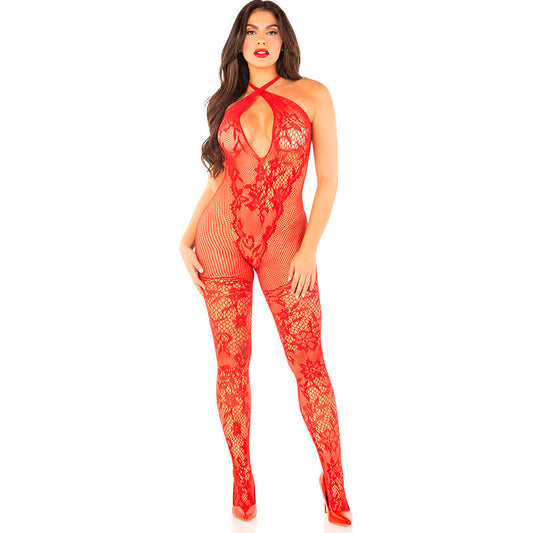 LEG AVENUE FLOWER PRINT MESH BODYSTOCKING RED ONE SIZE